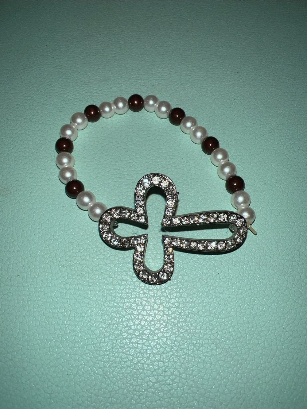 Pearl and Brown Bead Bracelet with Crystal Cross Accent
